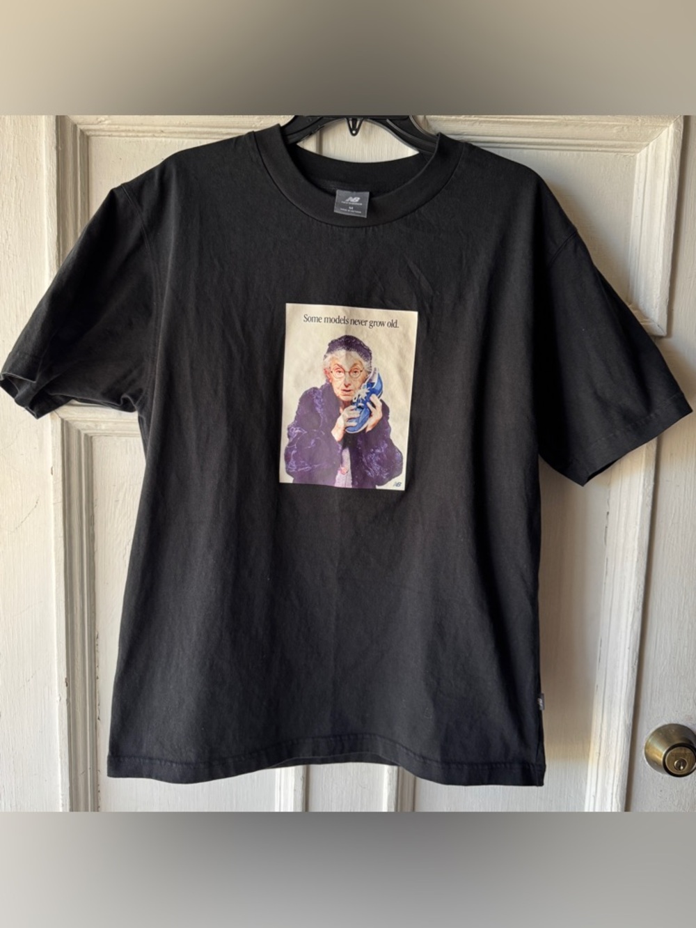 New Balance Black Graphic Tee with Purple & Cream Vintage Print
